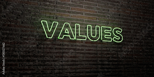 VALUES -Realistic Neon Sign on Brick Wall background - 3D rendered royalty free stock image. Can be used for online banner ads and direct mailers.. photo
