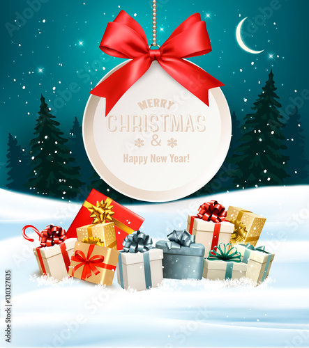 Christmas presents with a gift card and Santa hat. Vector.
