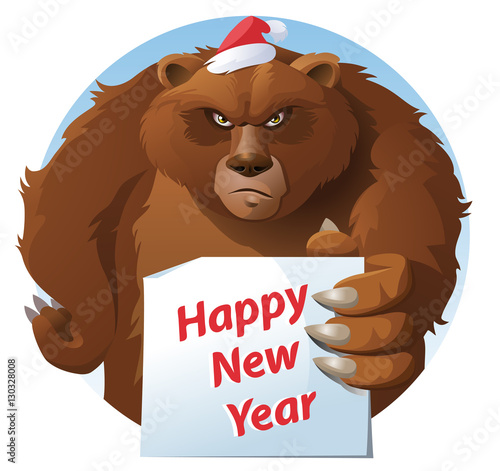 Bear holds Happy New Year card. Cartoon styled vector illustration. Elements is grouped and divided into layers for easy edit. No transparent objects.