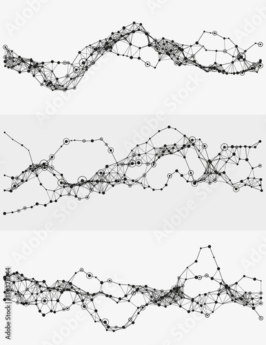 Modern abstract vector illustration with connected dots. Wavy mechanical construction. Complexity of modern analytical systems. Digital representation of informational flow. Element of design.