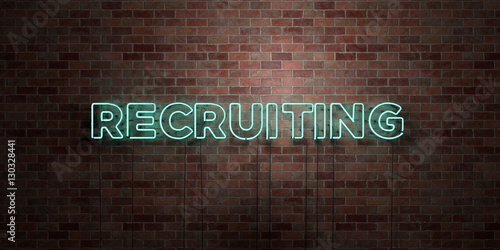 RECRUITING - fluorescent Neon tube Sign on brickwork - Front view - 3D rendered royalty free stock picture. Can be used for online banner ads and direct mailers..