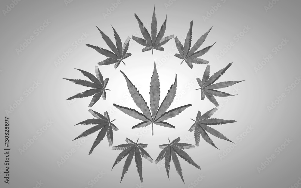 Fototapeta premium Marijuana 3d illustration. Big leaf in a circle of small leaves. On gray background with slight vignette. Black and white effect