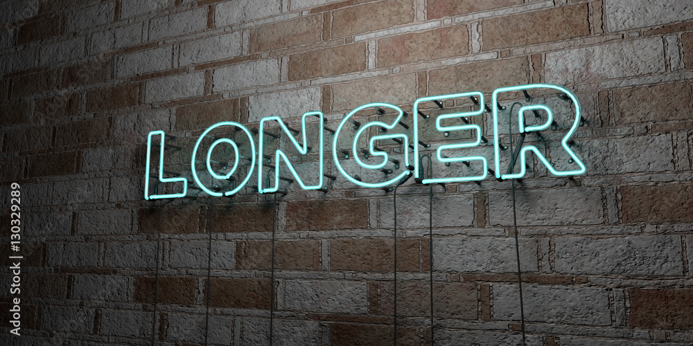 Naklejka premium LONGER - Glowing Neon Sign on stonework wall - 3D rendered royalty free stock illustration. Can be used for online banner ads and direct mailers..