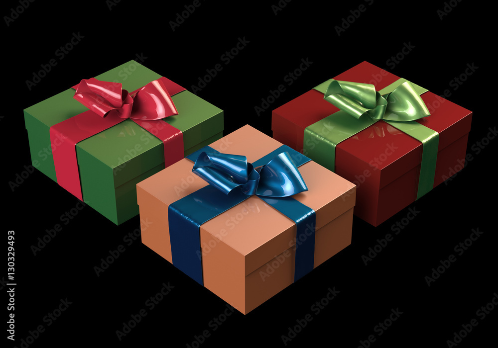 Colorful and striped boxes with gifts tied bows on black background. Happy new year 3d illustration Colorful and striped boxes with gifts tied bows on black background. Happy new year 3d illustration