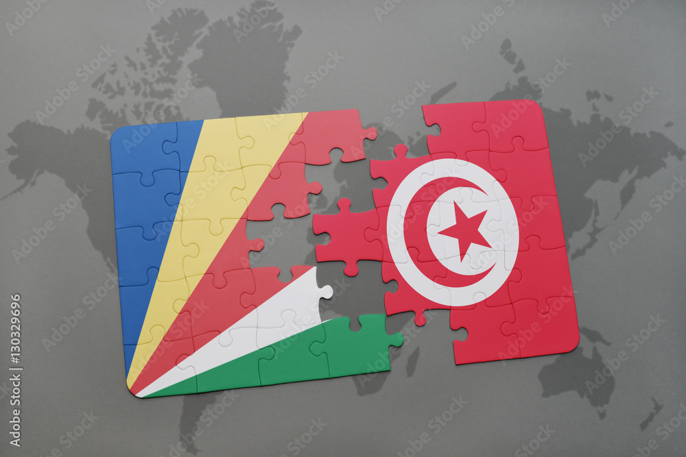 puzzle with the national flag of seychelles and tunisia on a world map
