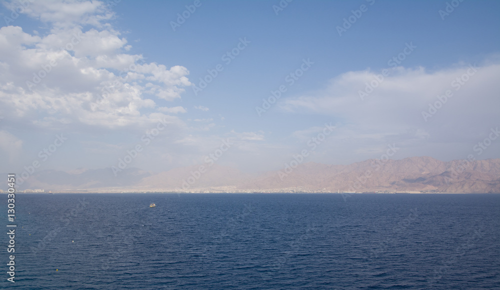 Panorama of Gulf  Aqaba rocky coast from Red sea