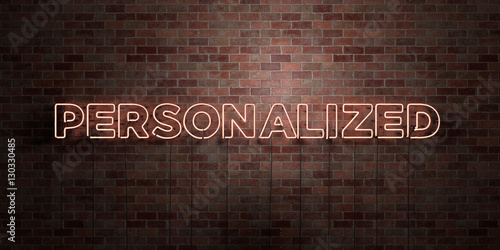 PERSONALIZED - fluorescent Neon tube Sign on brickwork - Front view - 3D rendered royalty free stock picture. Can be used for online banner ads and direct mailers..