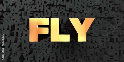 Fly - Gold text on black background - 3D rendered royalty free stock picture. This image can be used for an online website banner ad or a print postcard.