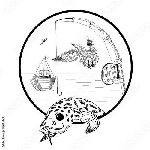 Fishing sketch. Burbot, seagulls, fishing rod, boat on sea or lake in circle.
