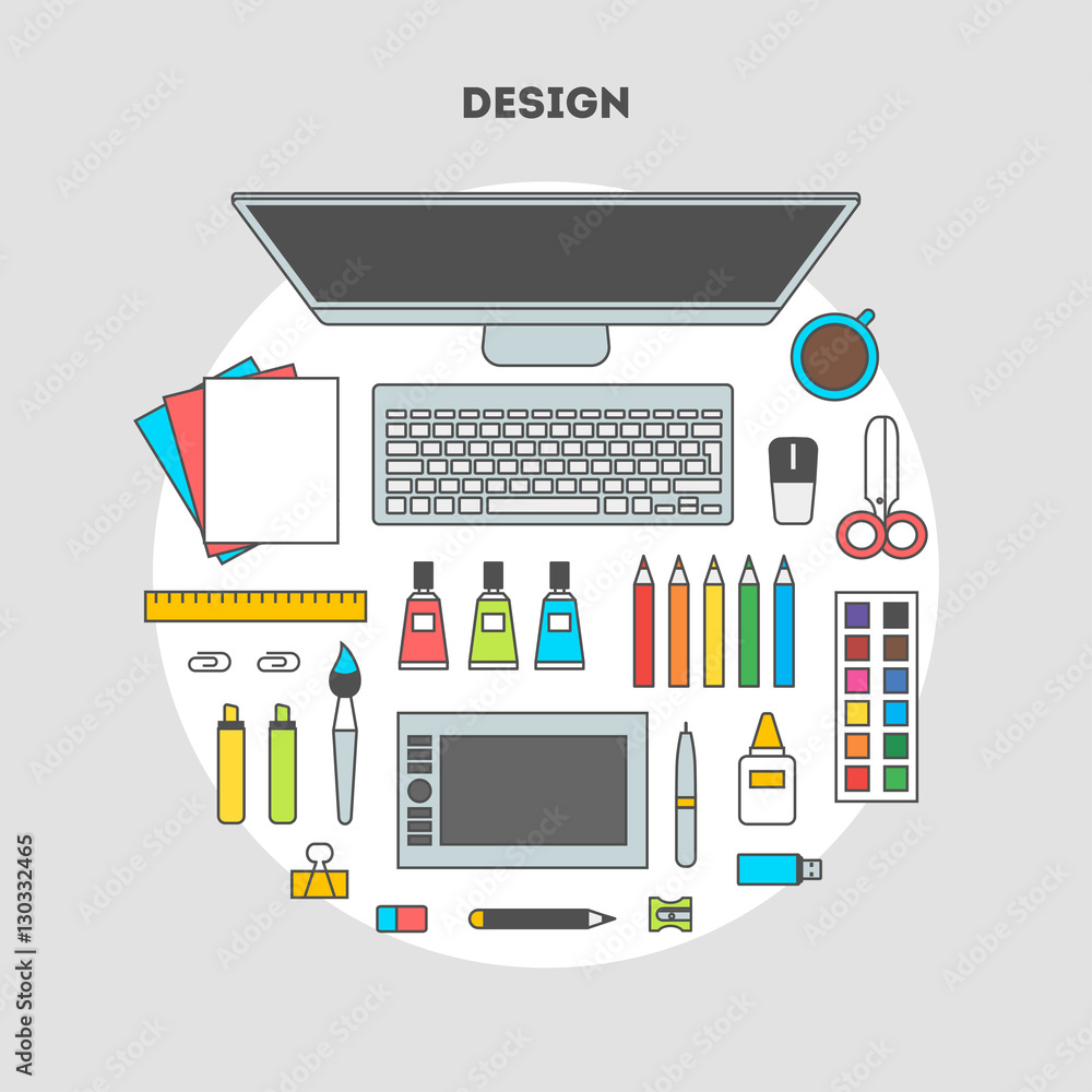 Flat design vector illustration of modern creative office workspace, workplace of a designer. The office of a creative worker. Flat minimalist style with contour for Web Flat design vector illustration of modern creative office workspace, workplace of a designer. The office of a creative worker. Flat minimalist style with contour for Web