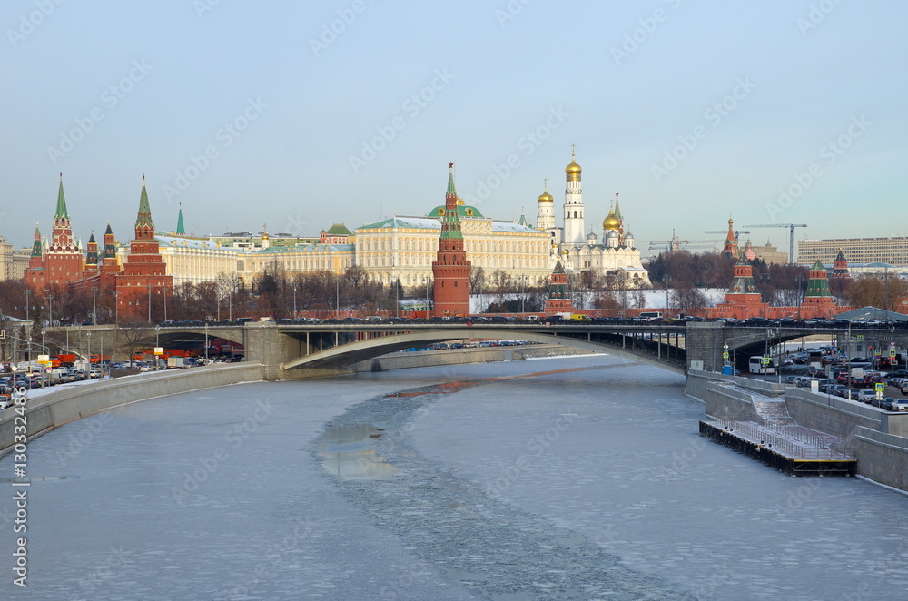 Winter view of the Kremlin, Big Stone bridge and the Moscow river, Russia