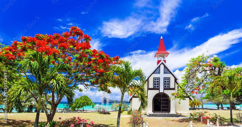 Scenery of beautiful Mauritius island - Red church on the beach,Cap malheureux - obrazy, fototapety, plakaty 