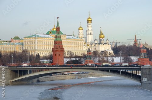 Winter view of the Kremlin, Big Stone bridge and the Moscow river, Russia