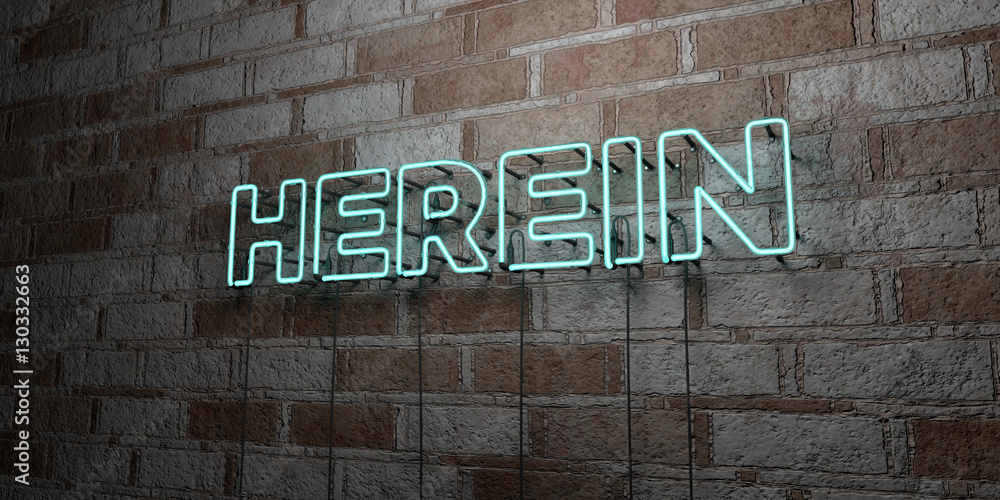 Naklejka premium HEREIN - Glowing Neon Sign on stonework wall - 3D rendered royalty free stock illustration. Can be used for online banner ads and direct mailers..