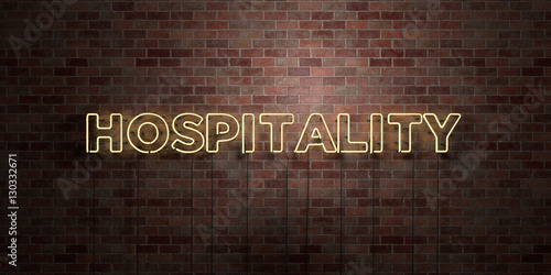 HOSPITALITY - fluorescent Neon tube Sign on brickwork - Front view - 3D rendered royalty free stock picture. Can be used for online banner ads and direct mailers.. photo