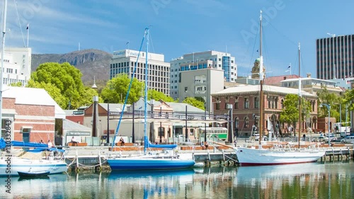 Hobart Tasmania Eclectic Harbour Waterfront Scene with Sailboats and City Buildings in Downtown