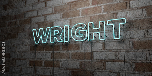 WRIGHT - Glowing Neon Sign on stonework wall - 3D rendered royalty free stock illustration. Can be used for online banner ads and direct mailers..