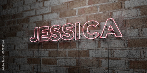 JESSICA - Glowing Neon Sign on stonework wall - 3D rendered royalty free stock illustration.  Can be used for online banner ads and direct mailers..