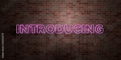 INTRODUCING - fluorescent Neon tube Sign on brickwork - Front view - 3D rendered royalty free stock picture. Can be used for online banner ads and direct mailers.. photo