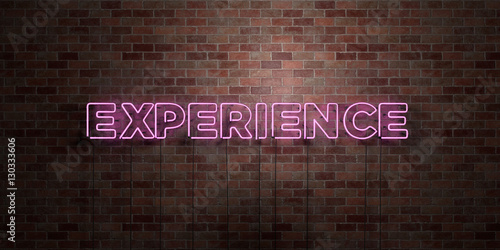 EXPERIENCE - fluorescent Neon tube Sign on brickwork - Front view - 3D rendered royalty free stock picture. Can be used for online banner ads and direct mailers.. photo
