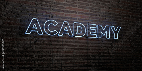 ACADEMY -Realistic Neon Sign on Brick Wall background - 3D rendered royalty free stock image. Can be used for online banner ads and direct mailers.. photo