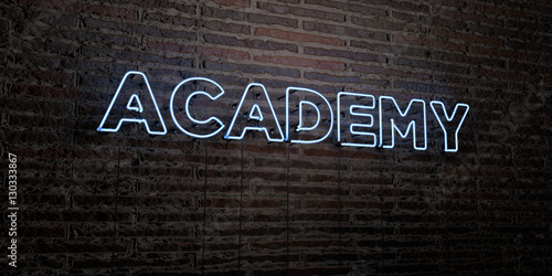 ACADEMY -Realistic Neon Sign on Brick Wall background - 3D rendered royalty free stock image. Can be used for online banner ads and direct mailers..