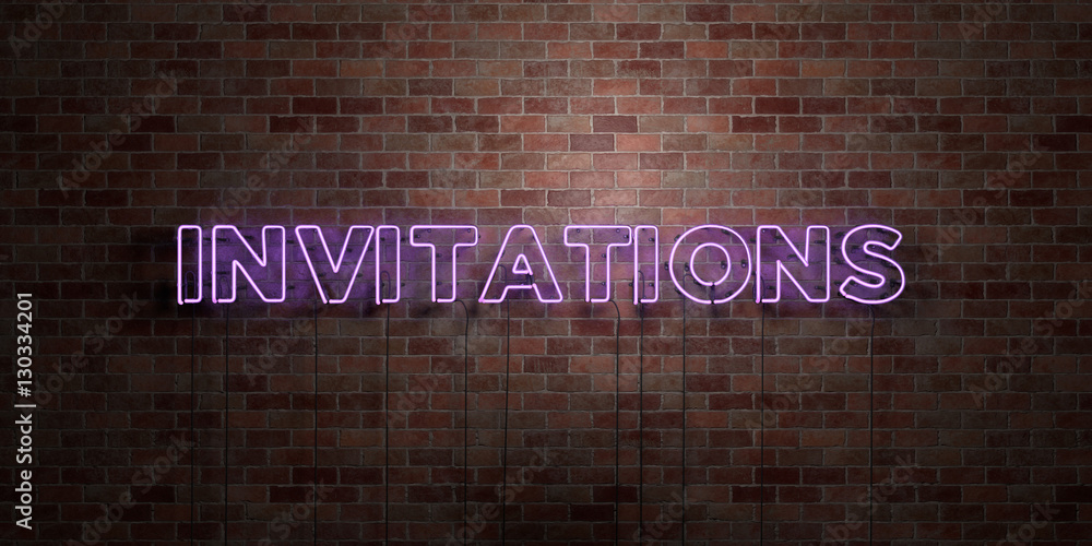 INVITATIONS - fluorescent Neon tube Sign on brickwork - Front view - 3D rendered royalty free stock picture. Can be used for online banner ads and direct mailers.. - obrazy, fototapety, plakaty 