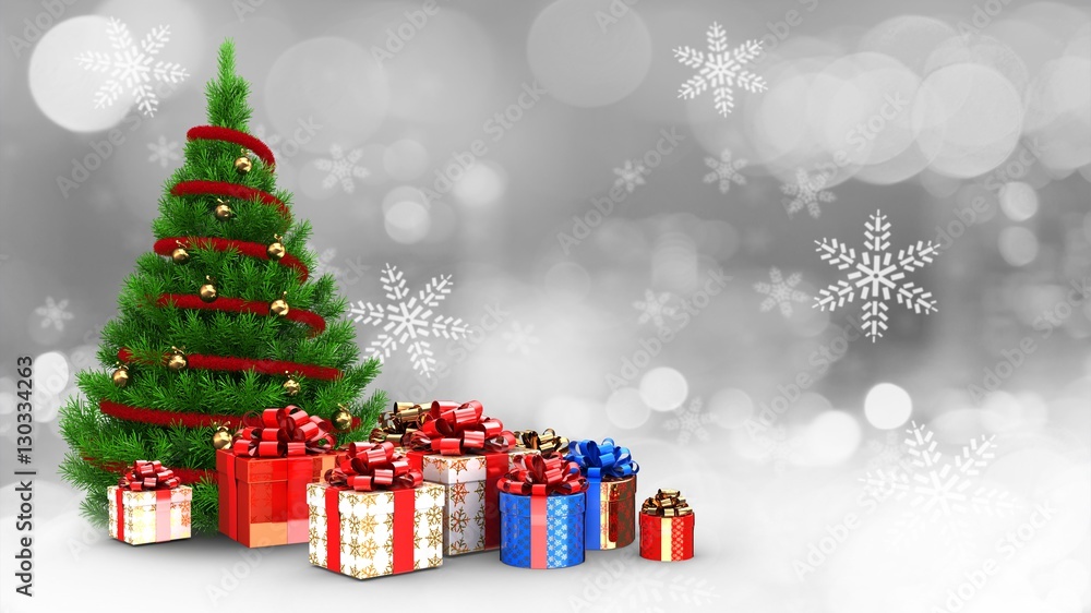 Fototapeta premium 3d illustration of golden balls decorated Christmas tree over snow background with gift boxes and