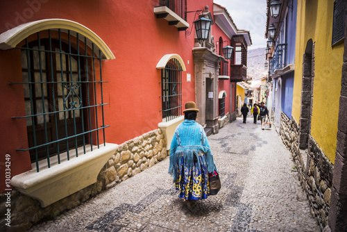Chollita on Calle Jaen, a colourful colonial cobbled street in La Paz, La Paz Department, Bolivia