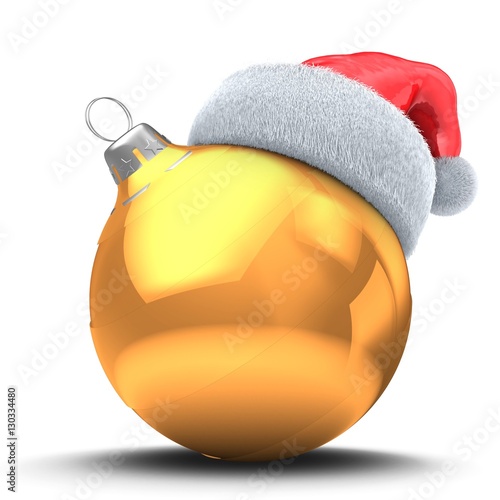 3d illustration of golden Christmas ball over white background with golden line and Christmas hat