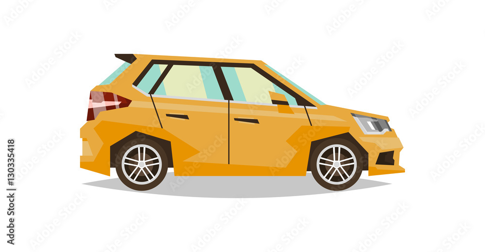 Orange car hatchback. Side view. Transport for travel. Gas engine. Alloy wheels. Vector illustration. Flat style Orange car hatchback. Side view. Transport for travel. Gas engine. Alloy wheels. Vector illustration. Flat style