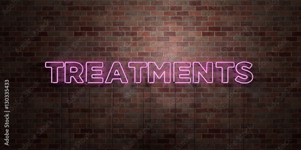 TREATMENTS - fluorescent Neon tube Sign on brickwork - Front view - 3D rendered royalty free stock picture. Can be used for online banner ads and direct mailers.. - obrazy, fototapety, plakaty 