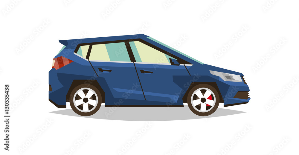 Car hatchback. Side view. Transport for travel. Gas engine. Alloy wheels. Vector illustration. Flat style