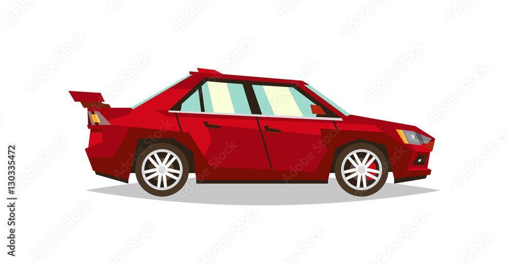 Red car sedan. Side view. Transport for travel. Gas engine. Alloy wheels. Vector illustration. Flat style