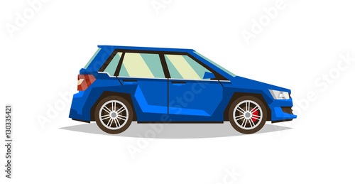 Blue car hatchback. Side view. Transport for travel. Gas engine. Alloy wheels. Vector illustration. Flat style