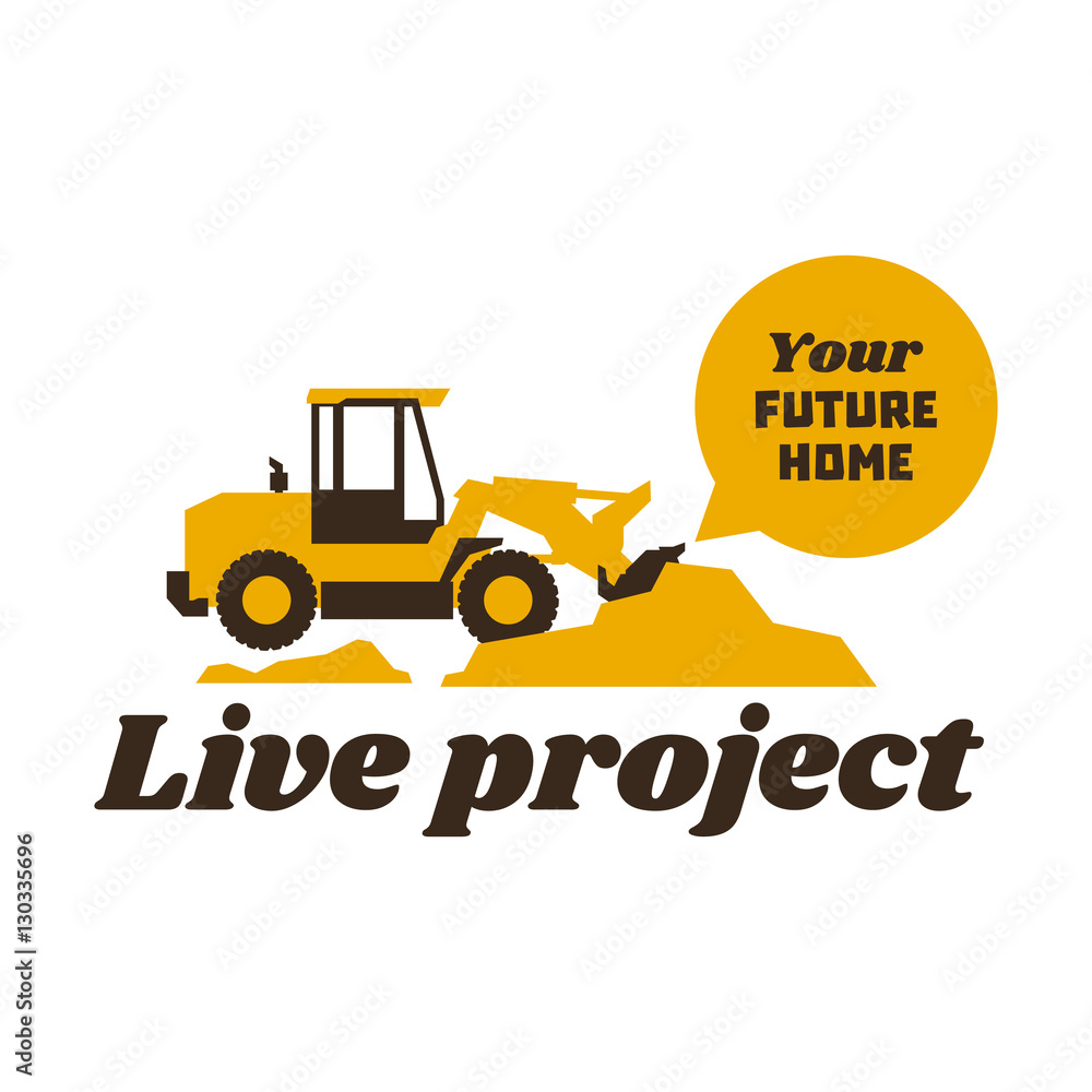 Logo front loader. Construction equipment at work. The excavation of the earth. Vector illustration. Flat style