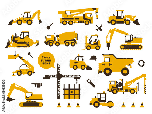 Big set of icons construction work. Building machinery, special transport. Heavy Equipment. Trucks, cranes, tractors, excavators. Hydraulic equipment and tools. Saw, drill, shovel. Flat style