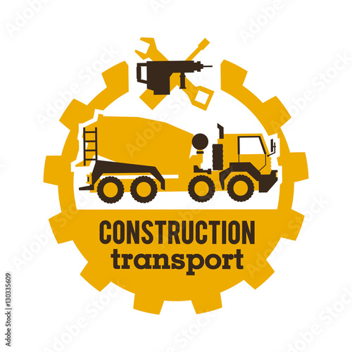 Logo concrete mixers, construction vehicles. Special equipment, truck. The tool for the job. Drill, wrench, screwdriver, gear. Vector illustration. Flat style
