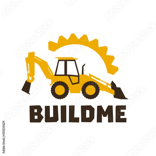 Logo backhoe loader. Orange construction equipment. Against the background of gears. Isolated object. Vector illustration. Flat style