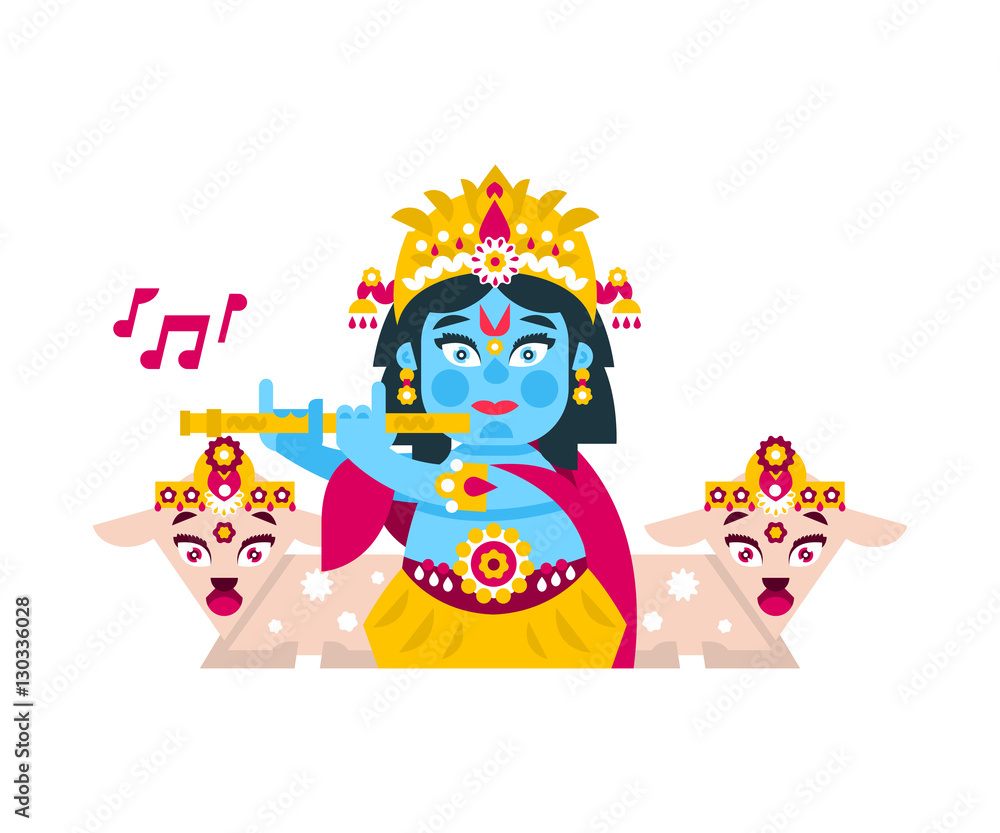 Fototapeta premium Lord Krishna sitting in the lotus position, in jewelry, plays the flute in goats environment. Music, deity, animals. Vector illustration. Flat style