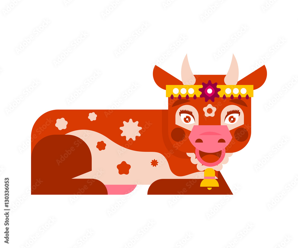 The image of the holy animal. Seated cow in jewelry. Vector illustration. Flat style The image of the holy animal. Seated cow in jewelry. Vector illustration. Flat style