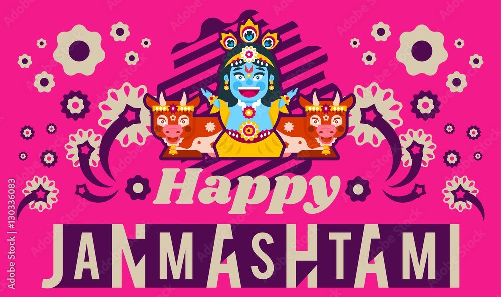 Creative illustration of an invitation to the celebration, banner, poster for the Indian festival of Janmashtami. Lord Krishna sitting in the lotus position in jewelry. Cows animals. Flat style