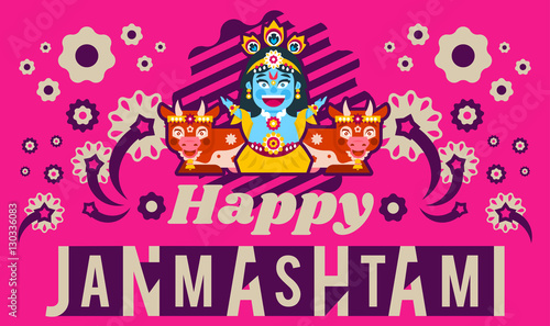 Creative illustration of an invitation to the celebration  banner  poster for the Indian festival of Janmashtami. Lord Krishna sitting in the lotus position in jewelry. Cows animals. Flat style