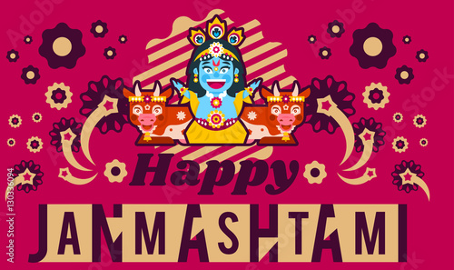Creative illustration of an invitation to the celebration, banner, poster for the Indian festival of Janmashtami. Lord Krishna sitting in the lotus position in jewelry. Cows animals. Flat style © kostymo