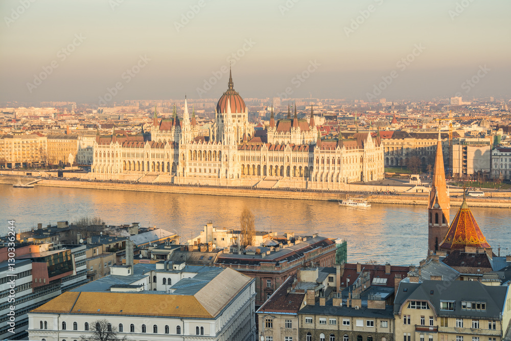 panoramic views to budapest parliament at sunrise, hungary