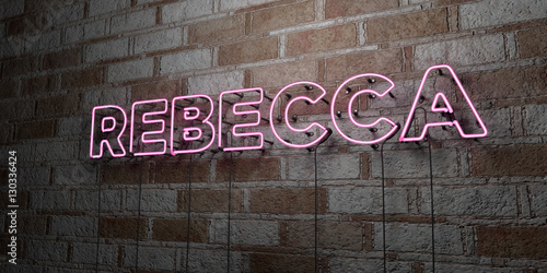 REBECCA - Glowing Neon Sign on stonework wall - 3D rendered royalty free stock illustration.  Can be used for online banner ads and direct mailers.. photo