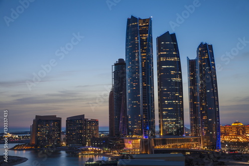 View of Etihad Towers and to the right The Emirates Palace Hotel, Abu Dhabi