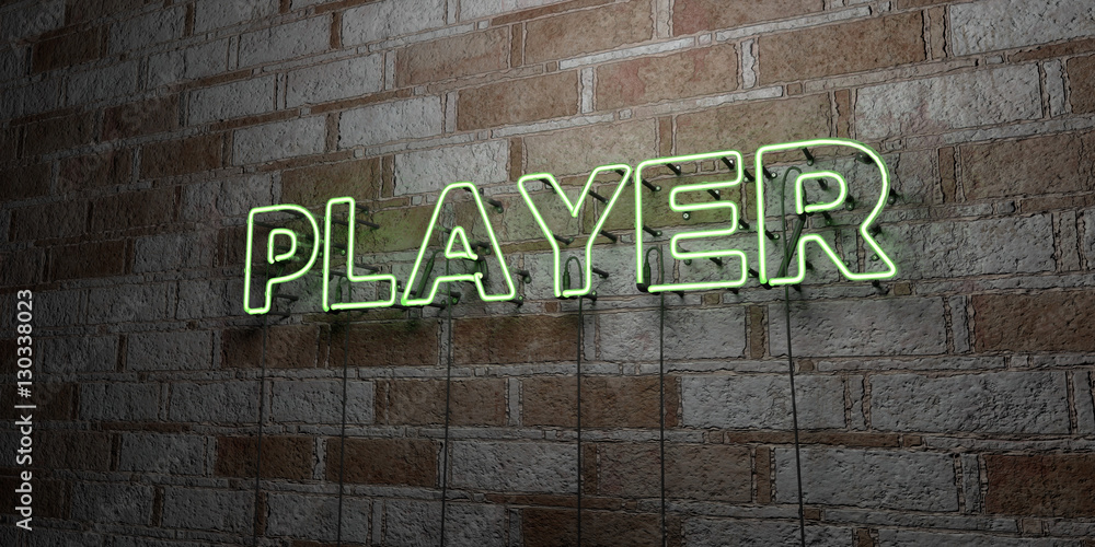 Naklejka premium PLAYER - Glowing Neon Sign on stonework wall - 3D rendered royalty free stock illustration. Can be used for online banner ads and direct mailers..