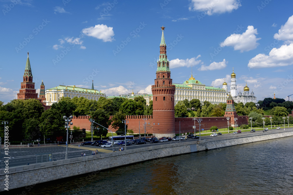 View of the Moscow Kremlin from the bridge in summer sunny day