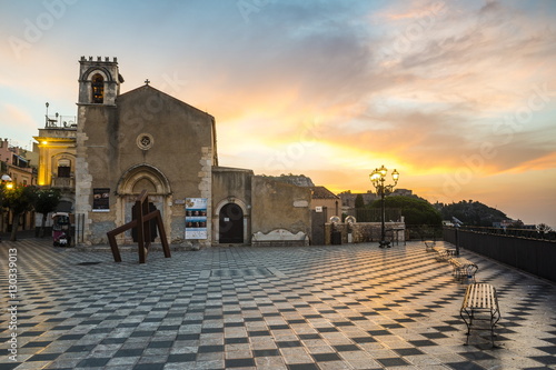 St. Augustine's Church, sunrise in Piazza IX Aprile, Corso Umberto, the main street in Taormina, Sicily 